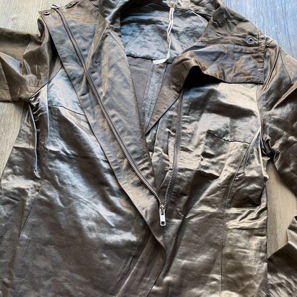 ISDA & Co Satin Shimmery Olive Green Biker Bomber Jacket - Picture 2 of 9